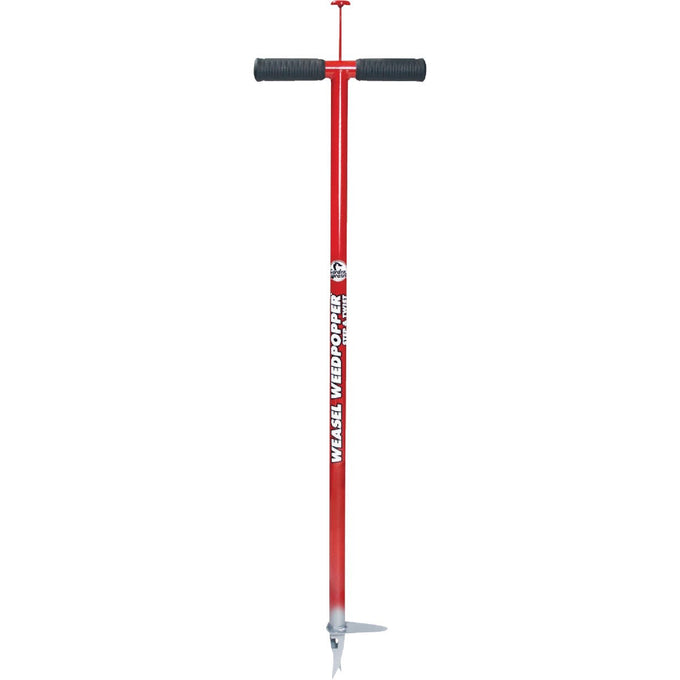 Handcrafted red steel weeder with ergonomic black grips and a sharp steel tip designed for easy standing weed removal, part of Farm, Garden & Tool and Digging and Cultivating collections.