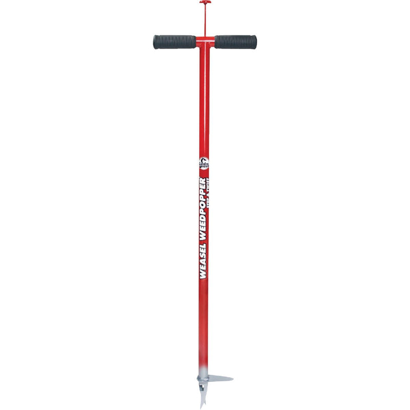 Handcrafted red steel weeder with ergonomic black grips and a sharp steel tip designed for easy standing weed removal, part of Farm, Garden & Tool and Digging and Cultivating collections.
