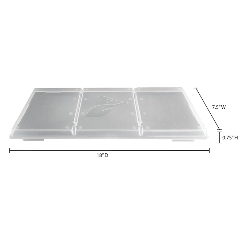 Clear plastic tray lid with three compartments and subtle leaf motif, designed for covering and stacking food trays, featured in Kitchen & Food, Food Preservation, Drying, Best Sellers, and Promo Eligible collections.
