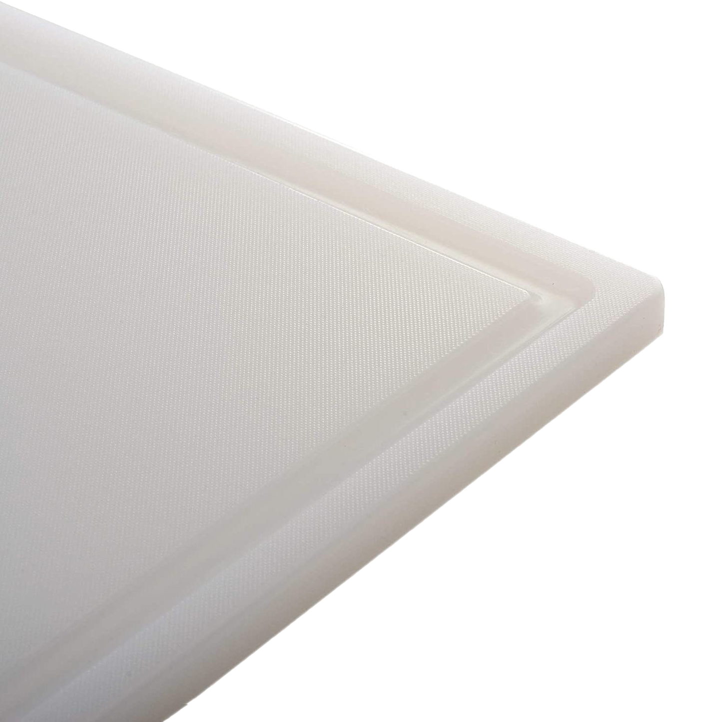 Close-up of a sturdy high-density plastic cutting board corner with a textured surface and grooved edge to catch juices, designed for efficient home food prep in Kitchen & Food, Best Sellers, and Promo Eligible collections.