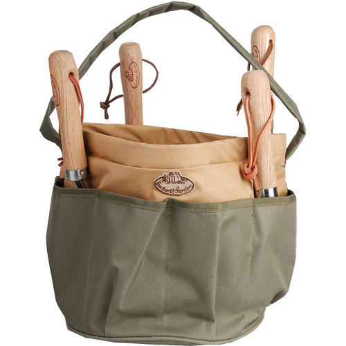 Durable canvas garden bucket with multiple exterior pockets holding wooden-handled gardening tools, designed for Farm, Garden & Tool, Garden Accessories, and Best Sellers collections.