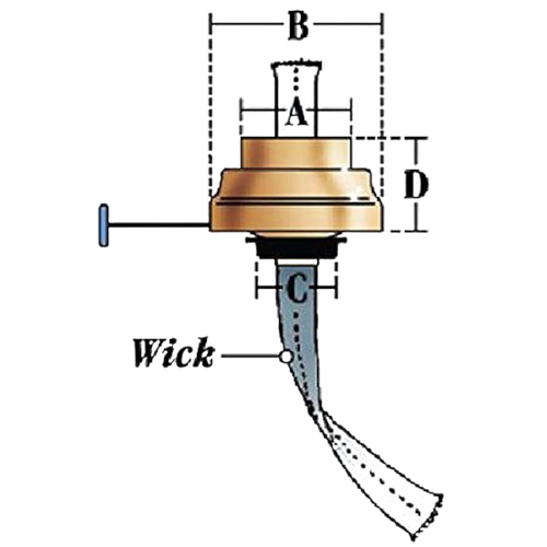 Diagram of a brass burner with a wick, featuring labeled measurements for width, height, and wick size, designed for use in lanterns within camping, emergency supplies, and lamp accessories collections.