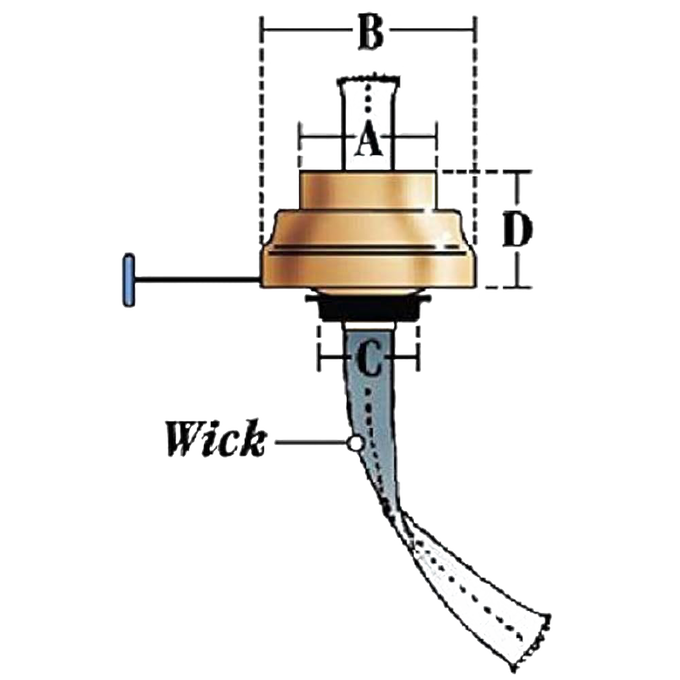 Diagram of a brass burner with a wick, featuring labeled measurements for width, height, and wick size, designed for use in lanterns within camping, emergency supplies, and lamp accessories collections.