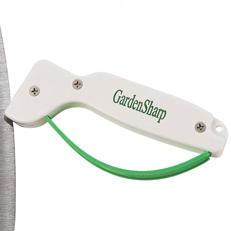 Compact garden tool sharpener with white handle and green sharpening blade, designed for quick maintenance of farm and garden tools, part of USA Made and Lawncare collections.