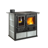 Reverse design wood cook stove with cast iron and natural stone exterior, featuring a glass firebox door and smaller oven window, perfect for Stoves and Cookstoves collections.