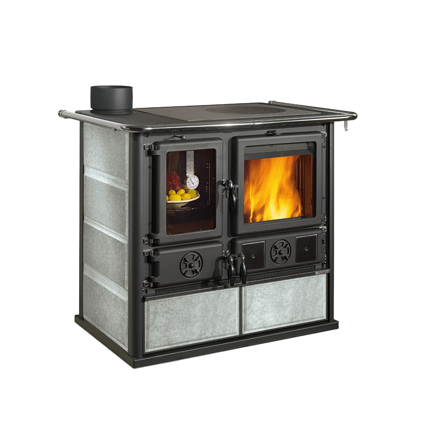 Reverse design wood cook stove with cast iron and natural stone exterior, featuring a glass firebox door and smaller oven window, perfect for Stoves and Cookstoves collections.