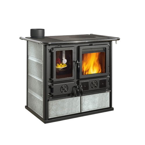 Reverse design wood cook stove with cast iron and natural stone exterior, featuring a glass firebox door and smaller oven window, perfect for Stoves and Cookstoves collections.