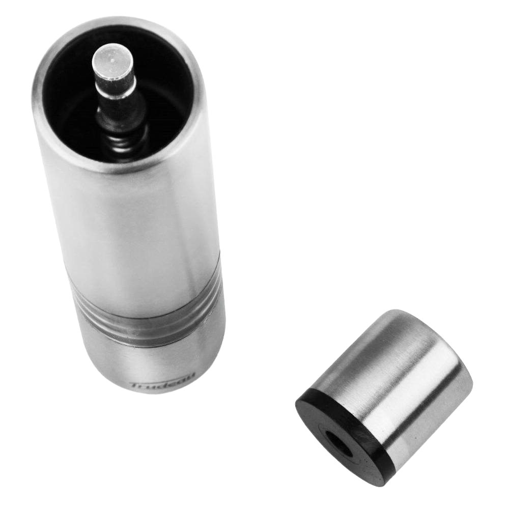 Stainless steel one-hand salt mill with removable top for easy filling, designed for effortless grinding, featured in Kitchen Gadgets and Accessories collections.