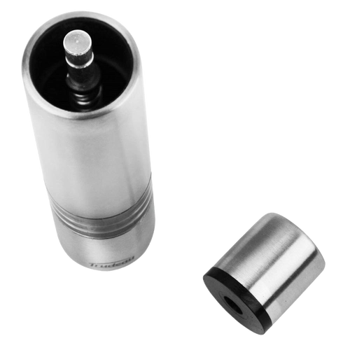 Stainless steel one-hand salt mill with removable top for easy filling, designed for effortless grinding, featured in Kitchen Gadgets and Accessories collections.