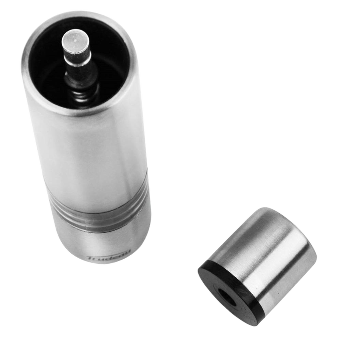 Stainless steel one-hand salt mill with removable top for easy filling, designed for effortless grinding, featured in Kitchen Gadgets and Accessories collections.