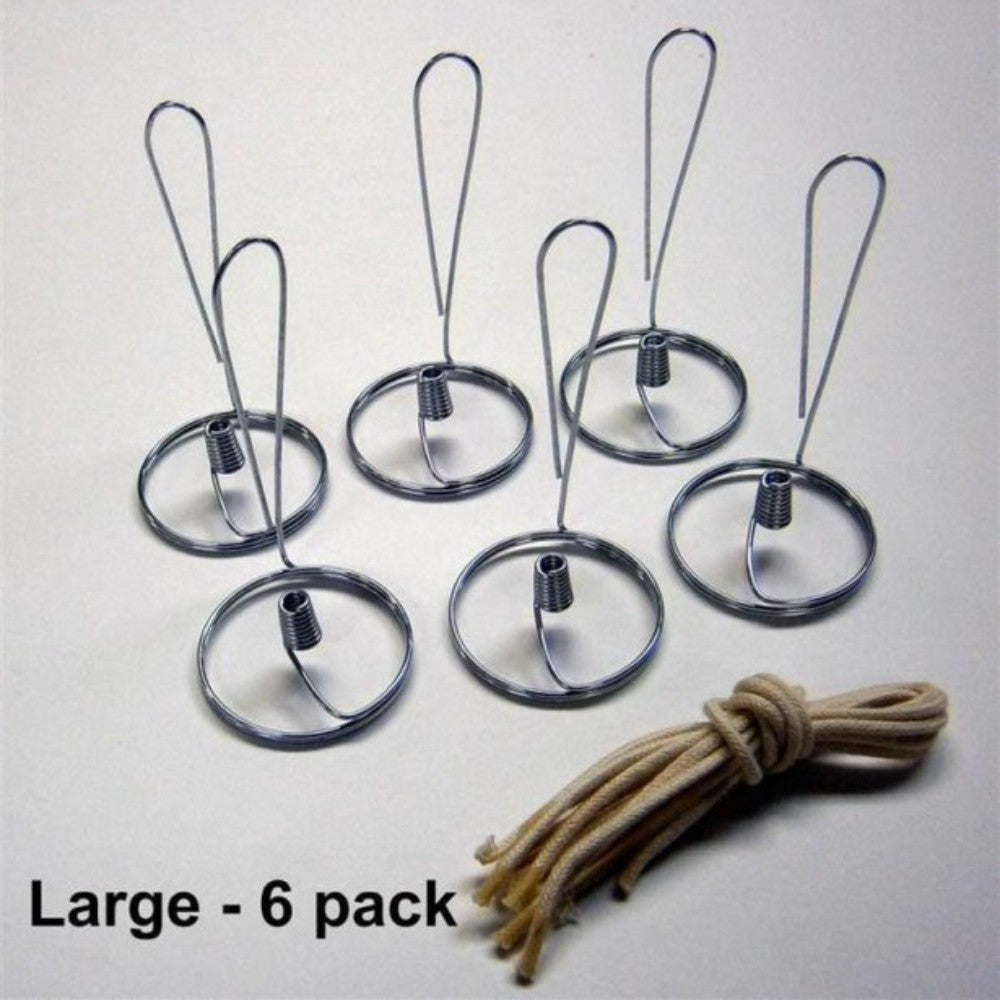 Set of six handcrafted steel wick holders with cotton braided wicks, designed for pint jars, featured in USA Made, Lamps & Lighting, Olive Oil Lamps, and Wicks and Mantles collections.