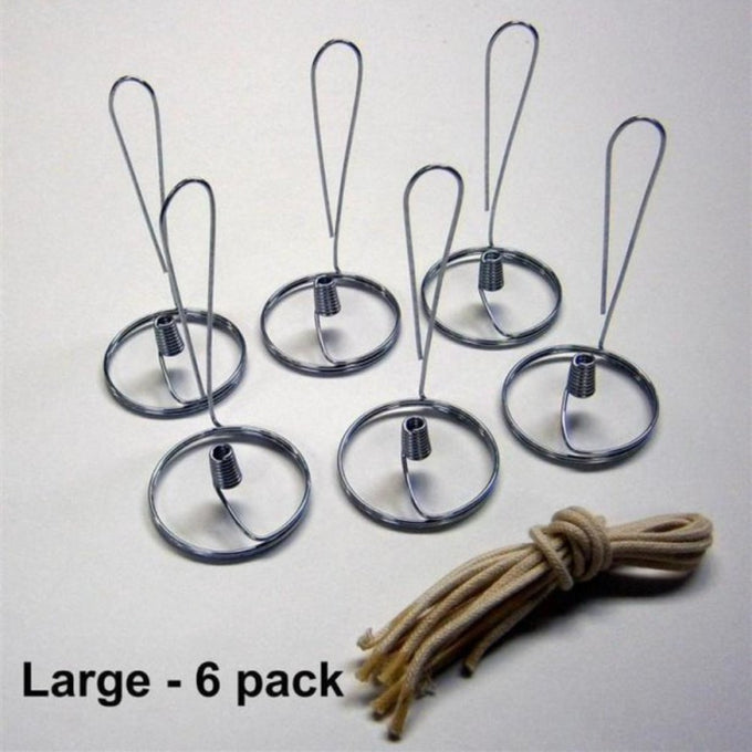 Set of six handcrafted steel wick holders with cotton braided wicks, designed for pint jars, featured in USA Made, Lamps & Lighting, Olive Oil Lamps, and Wicks and Mantles collections.
