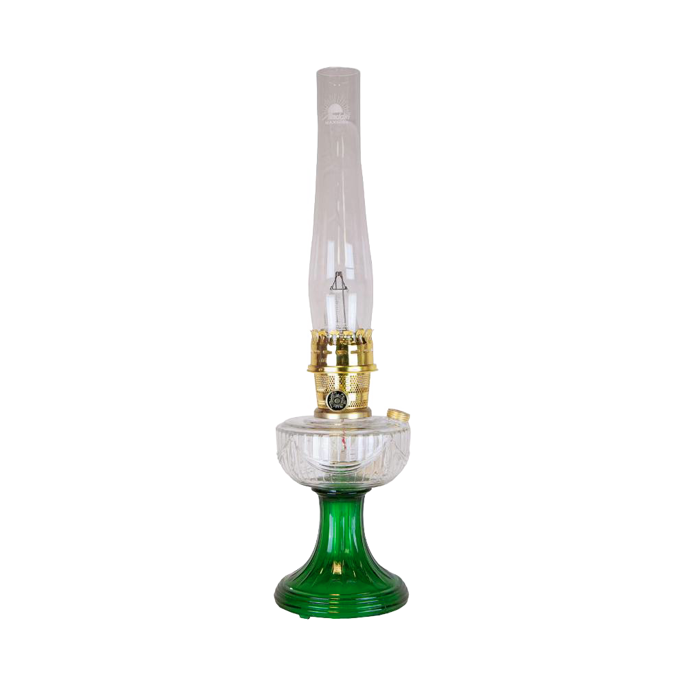 Handcrafted Aladdin Lincoln Drape oil lamp with an Ohio-made emerald glass base and clear chimney, designed for Farm, Garden & Tool, Lamps & Lighting, Emergency Supplies, and Oil Lamps collections.