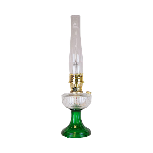 Handcrafted Aladdin Lincoln Drape oil lamp with an Ohio-made emerald glass base and clear chimney, designed for Farm, Garden & Tool, Lamps & Lighting, Emergency Supplies, and Oil Lamps collections.