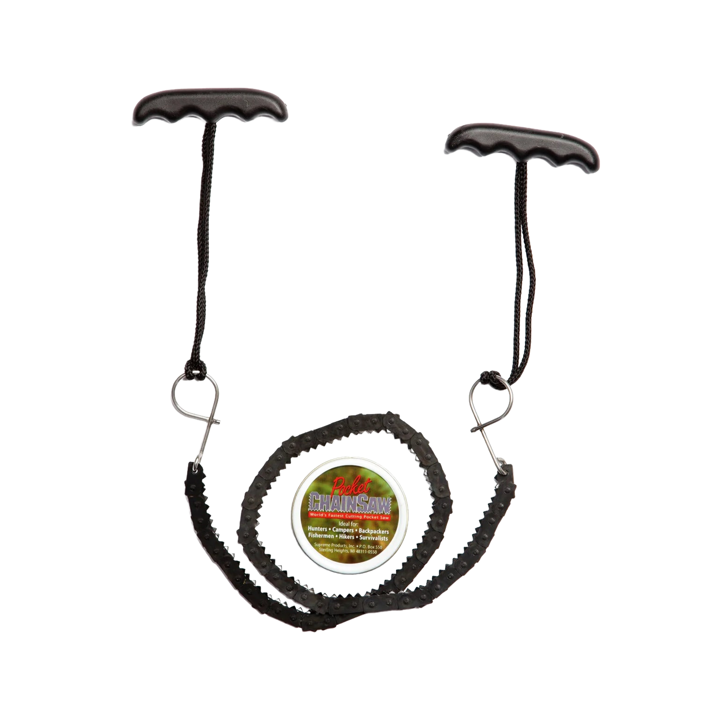 Compact 28-inch pocket chain saw with dual black ergonomic handles and heat-treated steel teeth, handcrafted in the USA for Farm, Garden & Tool and Wood Cutting tasks.