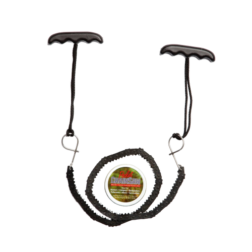 Compact 28-inch pocket chain saw with dual black ergonomic handles and heat-treated steel teeth, handcrafted in the USA for Farm, Garden & Tool and Wood Cutting tasks.