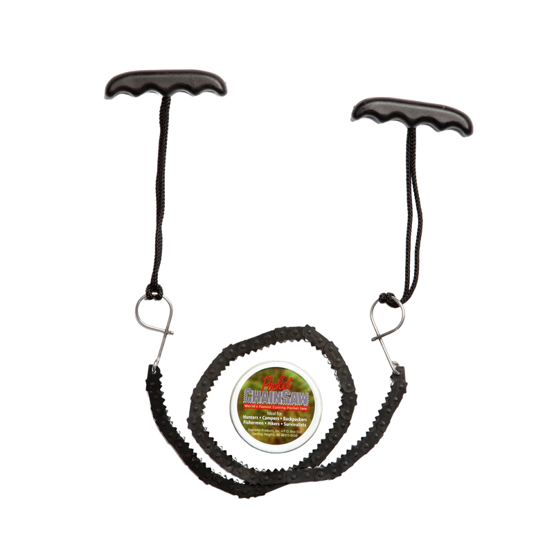 Compact 28-inch pocket chain saw with dual black ergonomic handles and heat-treated steel teeth, handcrafted in the USA for Farm, Garden & Tool and Wood Cutting tasks.