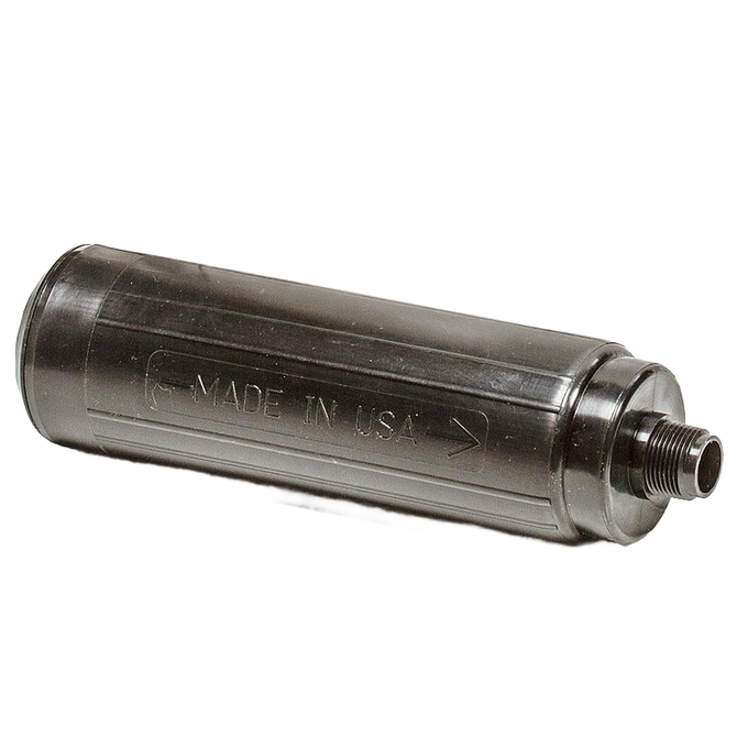 Cylindrical black replacement cartridge with threaded end, handcrafted and made in USA, designed for water treatment appliances and best sellers in USA Made collections.