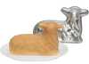 Handcrafted aluminum lamb baking pan made in USA, shown with a baked lamb cake, suitable for Kitchen & Food, Cookware, Baking Supplies, USA Made, Best Sellers, and Promo Eligible collections.