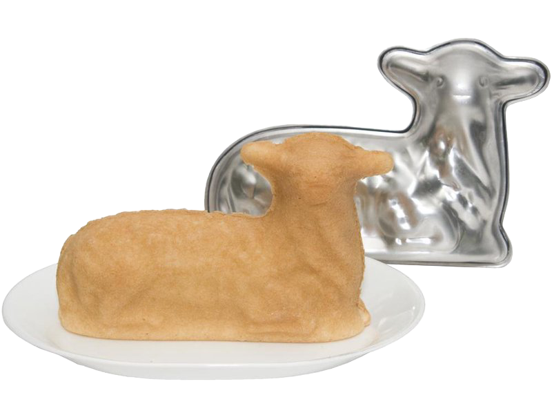 Handcrafted aluminum lamb baking pan made in USA, shown with a baked lamb cake, suitable for Kitchen & Food, Cookware, Baking Supplies, USA Made, Best Sellers, and Promo Eligible collections.