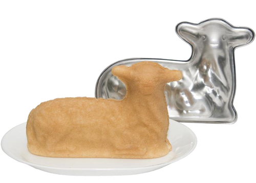 Handcrafted aluminum lamb baking pan made in USA, shown with a baked lamb cake, suitable for Kitchen & Food, Cookware, Baking Supplies, USA Made, Best Sellers, and Promo Eligible collections.