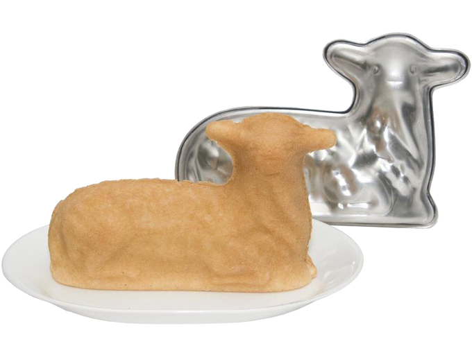 Handcrafted aluminum lamb baking pan made in USA, shown with a baked lamb cake, suitable for Kitchen & Food, Cookware, Baking Supplies, USA Made, Best Sellers, and Promo Eligible collections.