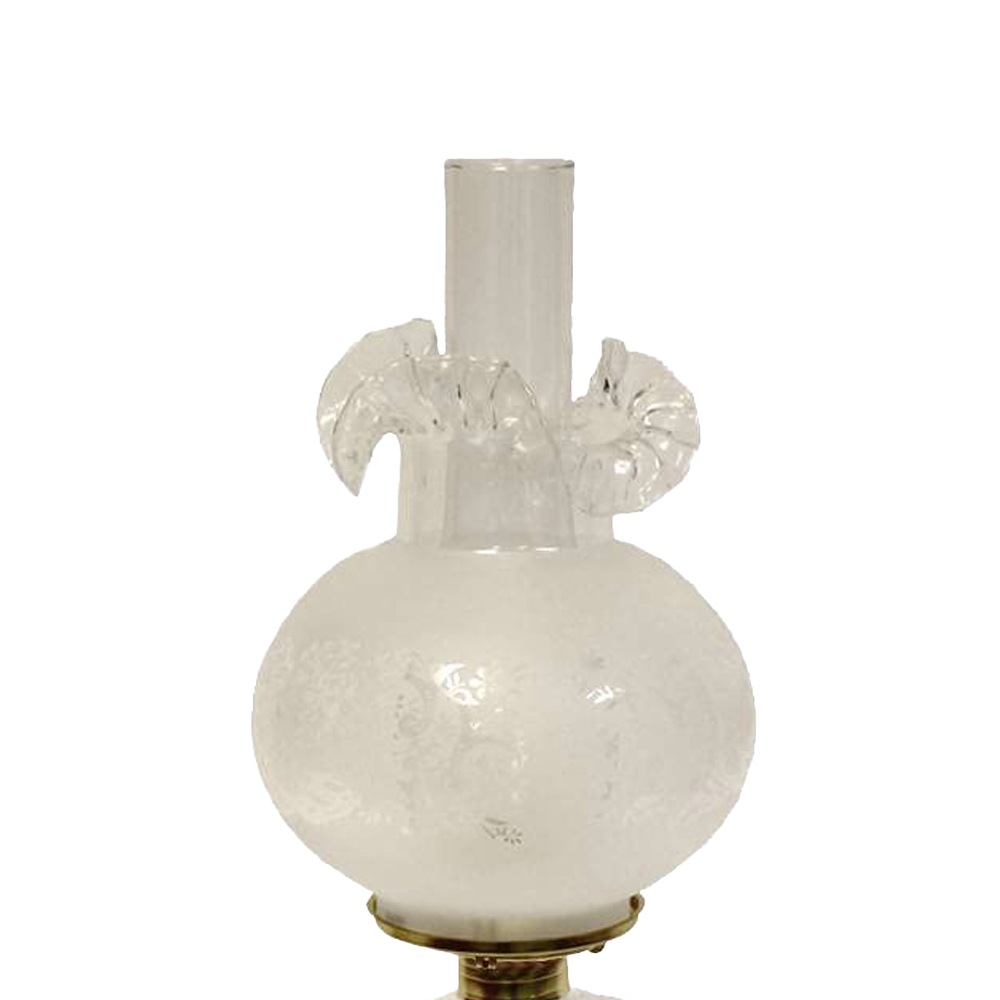 Handcrafted clear glass oil lamp with an intricately sculptured base featuring a unique feather design, heavy brass-plated burner, and tall clear glass chimney, ideal for Lamps & Lighting, Oil Lamps, Table Lamps, Best Sellers, and Promo Eligible collections.