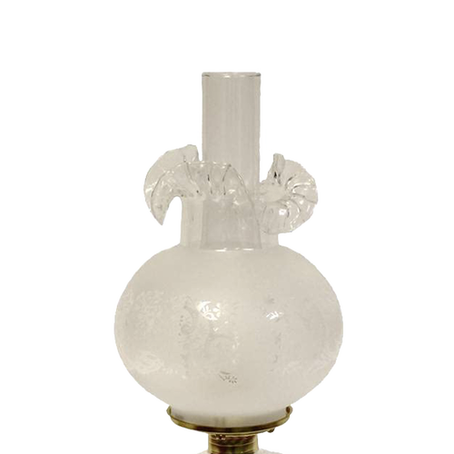 Handcrafted clear glass oil lamp with an intricately sculptured base featuring a unique feather design, heavy brass-plated burner, and tall clear glass chimney, ideal for Lamps & Lighting, Oil Lamps, Table Lamps, Best Sellers, and Promo Eligible collections.