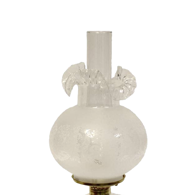 Handcrafted clear glass oil lamp with an intricately sculptured base featuring a unique feather design, heavy brass-plated burner, and tall clear glass chimney, ideal for Lamps & Lighting, Oil Lamps, Table Lamps, Best Sellers, and Promo Eligible collections.
