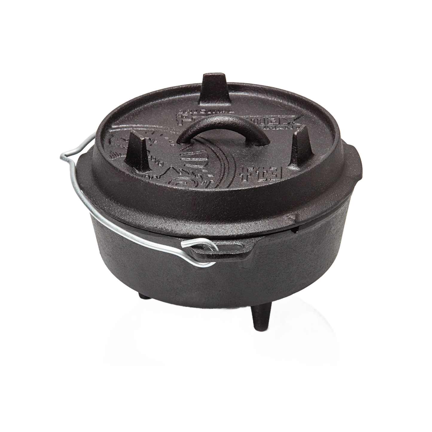 Sturdy black cast iron Dutch oven with three legs and a fitted lid featuring embossed details, equipped with a wire handle, ideal for Kitchen & Food, Cookware, Cast Iron, Best Sellers, and Promo Eligible collections.