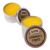 Two handcrafted citronella candles in lightweight metal tins with removable lids, perfect for outdoor use in camping, pest control, and garden lighting settings.