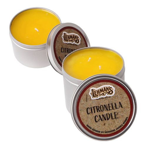 Two handcrafted citronella candles in lightweight metal tins with removable lids, perfect for outdoor use in camping, pest control, and garden lighting settings.