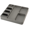 Gray drawer organizer with multiple compartments of varying sizes designed to store cutlery, utensils, and kitchen gadgets neatly, featured in Kitchen & Food and Storage collections.