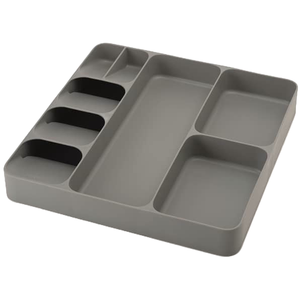Gray drawer organizer with multiple compartments of varying sizes designed to store cutlery, utensils, and kitchen gadgets neatly, featured in Kitchen & Food and Storage collections.