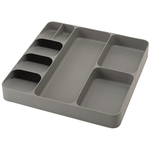 Gray drawer organizer with multiple compartments of varying sizes designed to store cutlery, utensils, and kitchen gadgets neatly, featured in Kitchen & Food and Storage collections.