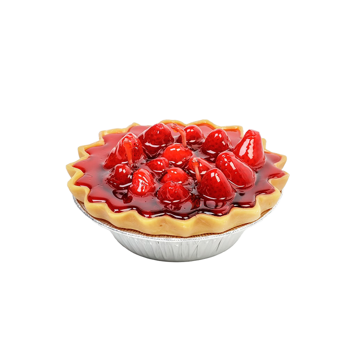Hand-poured scented candle shaped like a strawberry pie with glossy red topping and realistic berries, handmade in the USA, perfect for kitchen décor or holiday hosting.