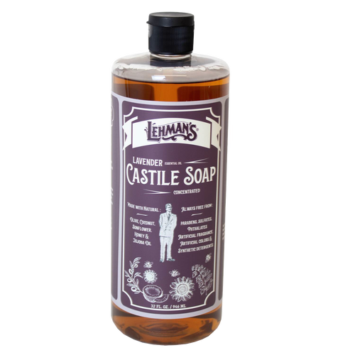Handcrafted concentrated liquid castile soap with lavender essential oil in amber bottle, made in USA, ideal for Health & Wellness, Grooming, Soaps, Best Sellers, and Promo Eligible collections.