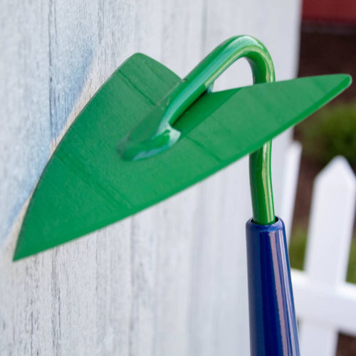 Handcrafted garden hoe featuring a sharp green arrowhead blade with a sturdy curved shaft and smooth wooden handle, made in USA, perfect for Farm, Garden & Tool and Digging and Cultivating collections.