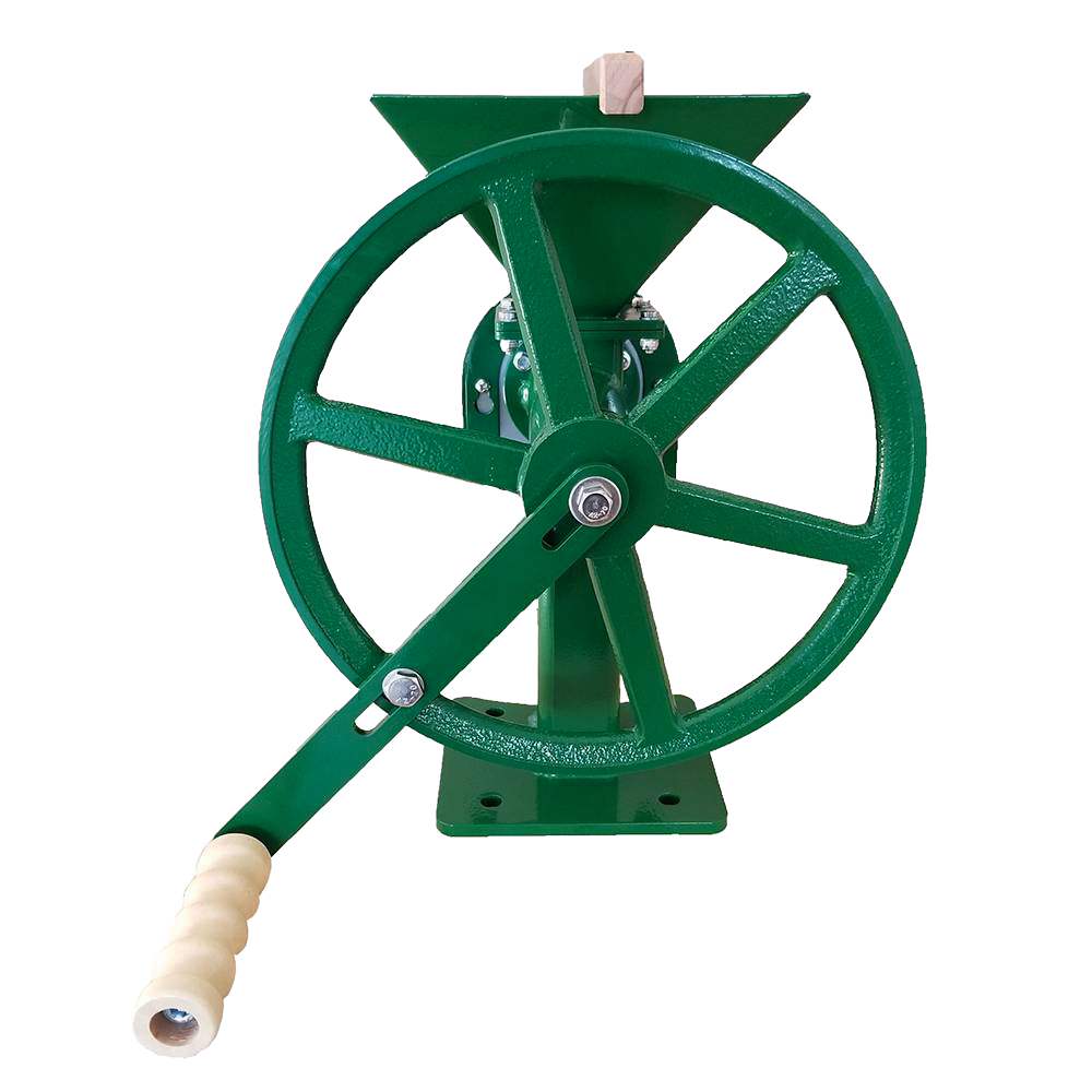 Green hand-crank grain mill with cast iron body and wooden handle, featuring individually machined stainless steel burrs, ideal for farm, kitchen, and emergency supply use.
