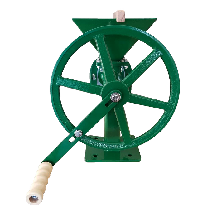 Green hand-crank grain mill with cast iron body and wooden handle, featuring individually machined stainless steel burrs, ideal for farm, kitchen, and emergency supply use.