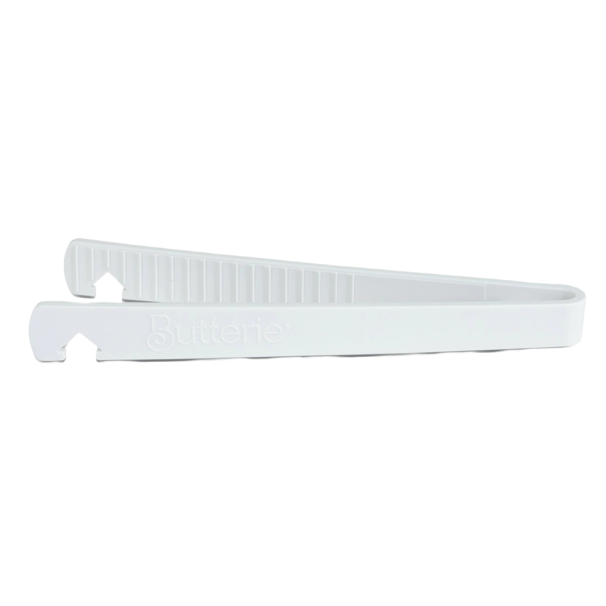 White silicone toaster tongs with serrated teeth and integrated oven rack hook, designed for safe heat handling in Kitchen & Food, Kitchen Gadgets, and Cooking and Baking Helpers collections.