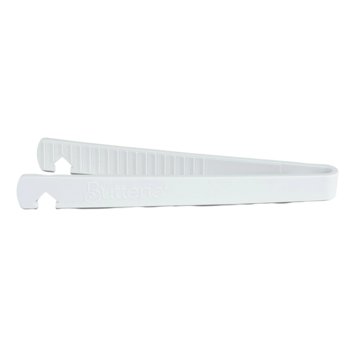 White silicone toaster tongs with serrated teeth and integrated oven rack hook, designed for safe heat handling in Kitchen & Food, Kitchen Gadgets, and Cooking and Baking Helpers collections.