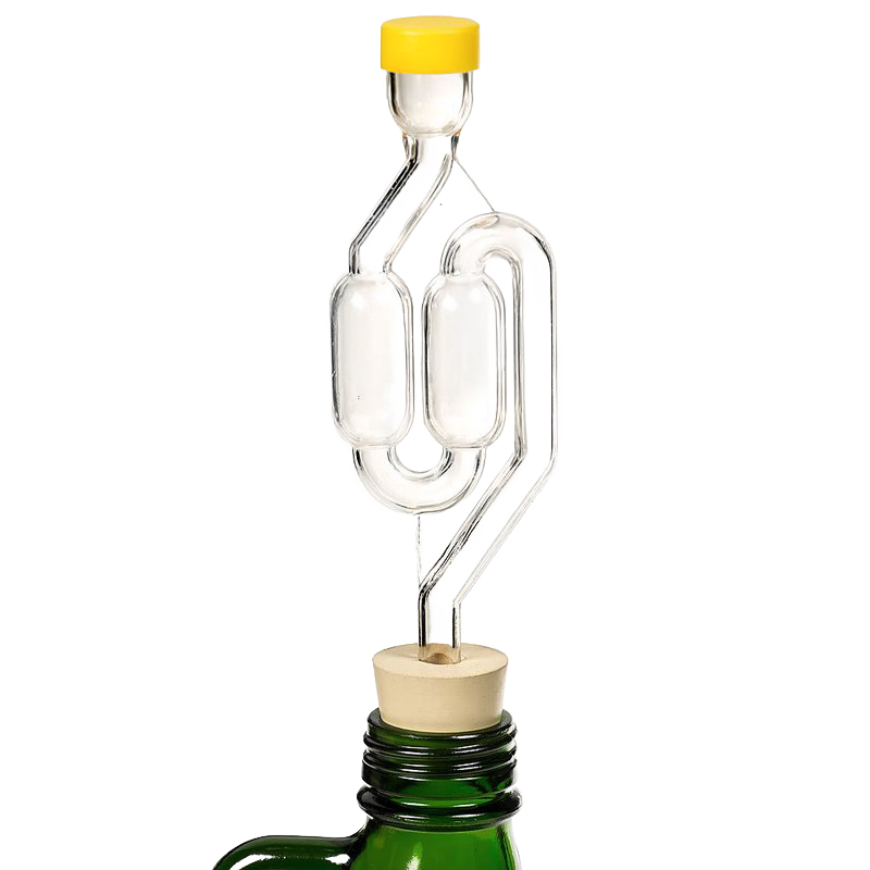 Clear glass S-shaped airlock with yellow cap and cork stopper set in a green bottle neck, designed for fermenting in kitchen, food preservation, and fermenting collections.