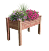 Elevated garden bed made from aromatic red cedar with blooming purple and pink flowers, handcrafted and made in USA, ideal for farm, garden accessories, and seeds and planting collections.