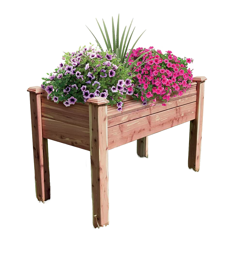 Elevated garden bed made from aromatic red cedar with blooming purple and pink flowers, handcrafted and made in USA, ideal for farm, garden accessories, and seeds and planting collections.