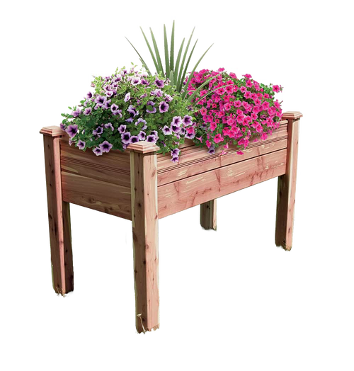Elevated garden bed made from aromatic red cedar with blooming purple and pink flowers, handcrafted and made in USA, ideal for farm, garden accessories, and seeds and planting collections.