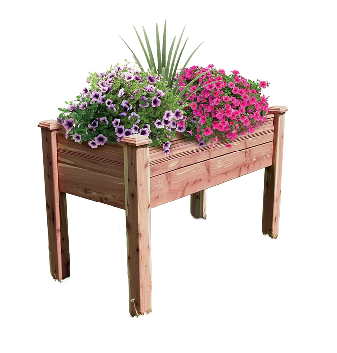 Elevated garden bed made from aromatic red cedar with blooming purple and pink flowers, handcrafted and made in USA, ideal for farm, garden accessories, and seeds and planting collections.