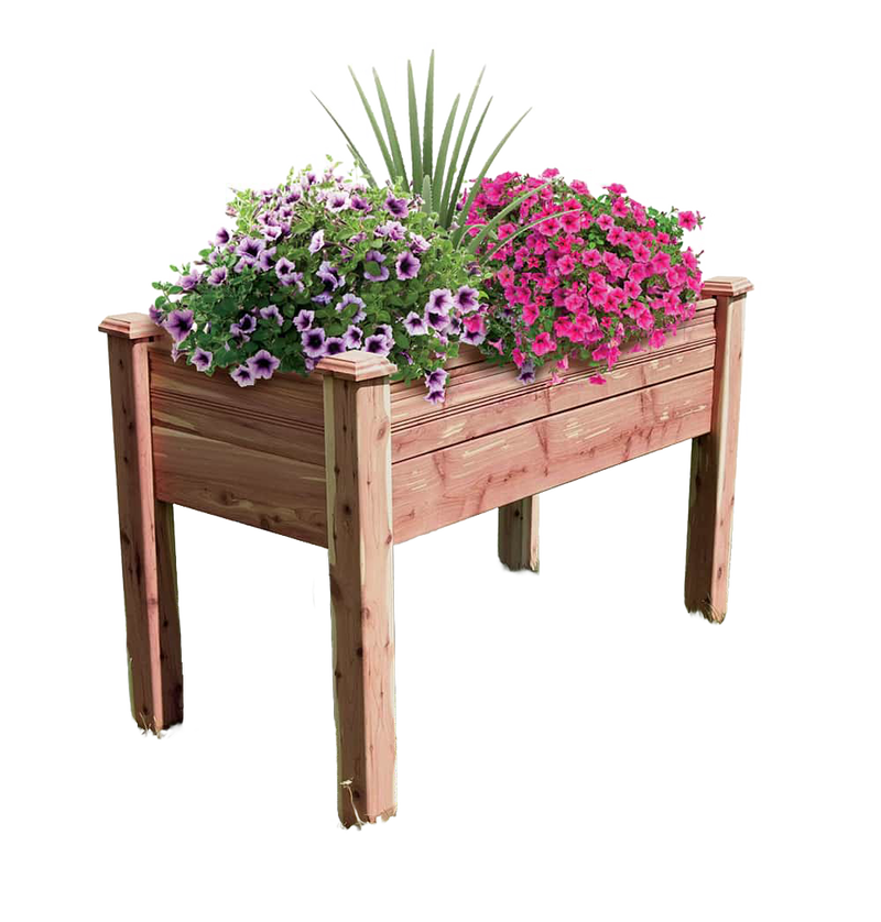 Elevated garden bed made from aromatic red cedar with blooming purple and pink flowers, handcrafted and made in USA, ideal for farm, garden accessories, and seeds and planting collections.
