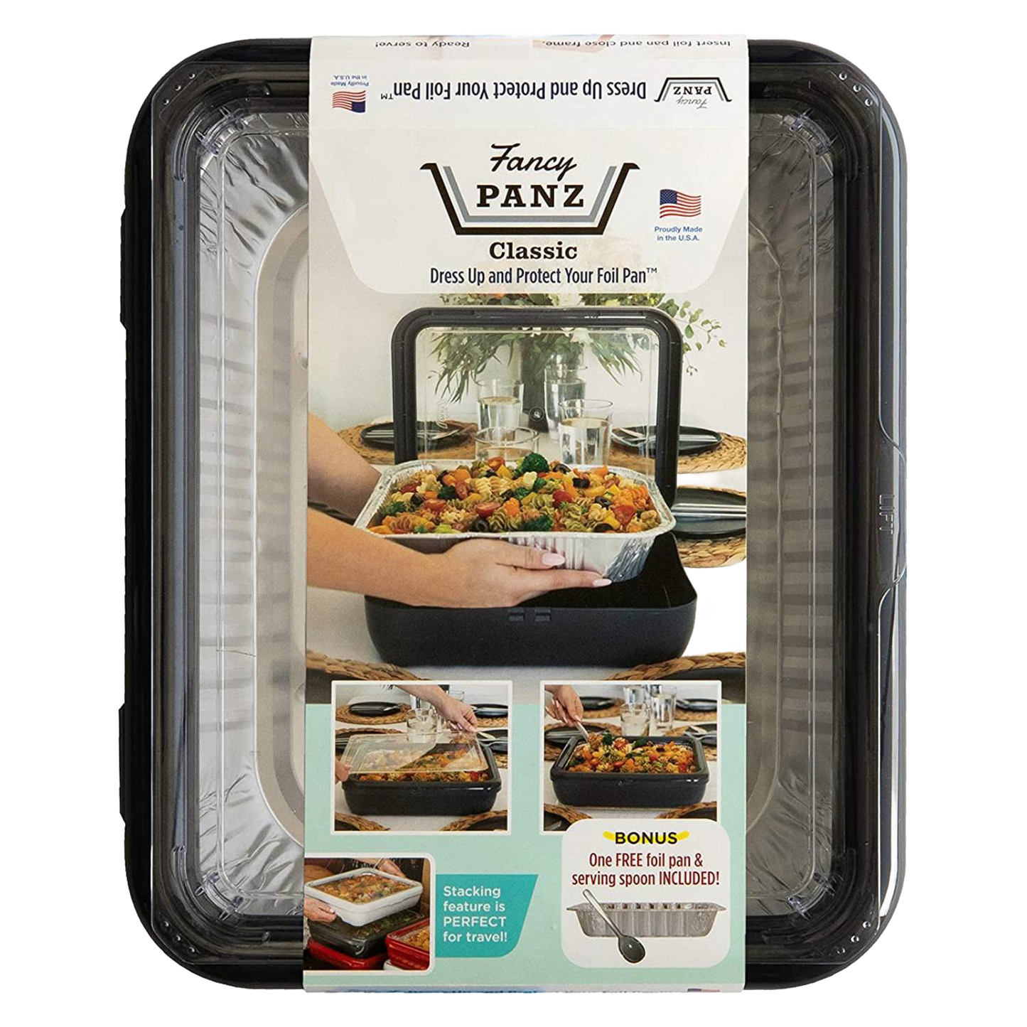 Black Fancy Panz travel cover fitting a 9x13 foil pan with clear removable window, showing use in serving and transporting food, ideal for Kitchen & Food, Kitchen Gadgets, Storage and Serving, USA Made, and Best Sellers collections.