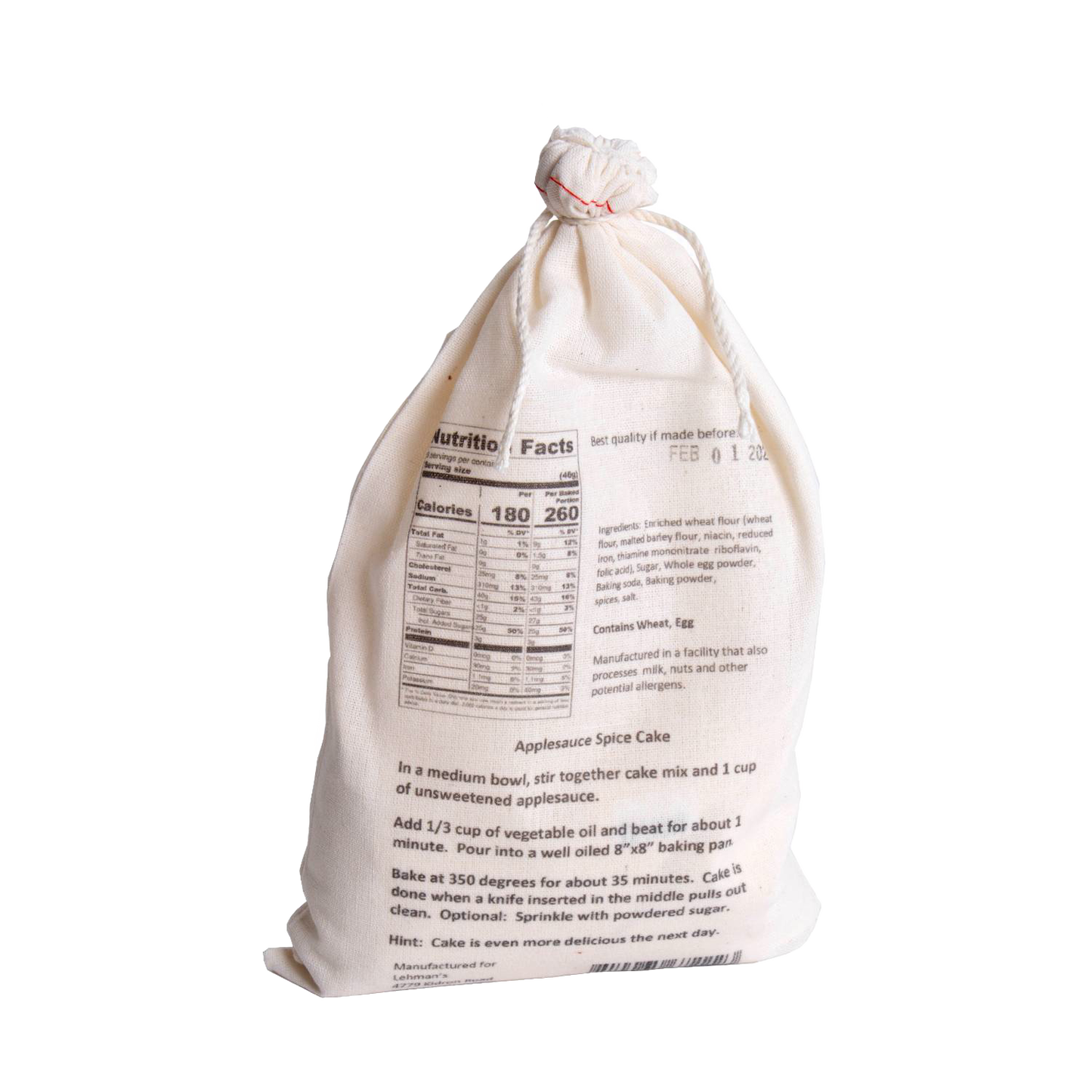 Natural fabric drawstring bag containing handcrafted applesauce spice cake mix with detailed nutrition facts and baking instructions, perfect for Kitchen & Food, Pantry, Dry Goods and Mixes, Best Sellers, Promo Eligible collections.